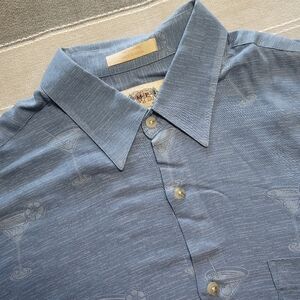Vintage Campia Moda Men's Large Blue Martini Glass Drinks Hawaiian‎ Shirt Rayon
